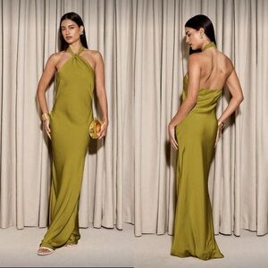 Elegant Olive Green Gold Halter Dress *Hemmed Size M